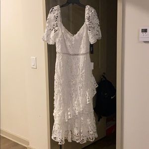 LULUs White Lace Ruffle Midi